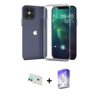 MARSİLYAN™- iPhone 12 Kılıf Zirve Doku - Siyah Bilvis 5in1 3D Magic Cam Ekran Koruyucu + Rainbow Kamera Lens Koruma Cam - YL