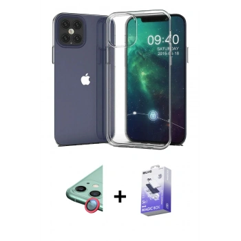 MARSİLYAN™- iPhone 12 Kılıf Zirve Doku - Siyah Bilvis 5in1 5D Magic Hayalet Cam Ekran Koruyucu + Raze Metal Kamera Lens - KI