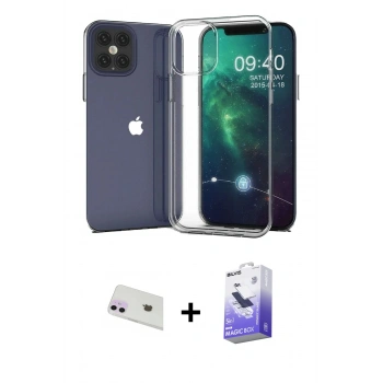 MARSİLYAN™- iPhone 12 Kılıf Zirve Doku - Siyah Bilvis 5in1 5D Magic Hayalet Cam Ekran Koruyucu + Rainbow Kamera Lens Koruma Cam - MR