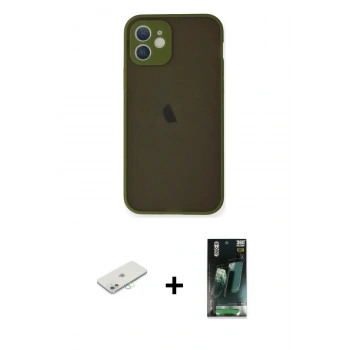 MARSİLYAN™- iPhone 12 Mini Kılıf Ahenk Çizgi Serisi - Siyah 360 Mat Full Body Arka Koruyucu + Renkli Kamera Lens Koruma Cam - SI