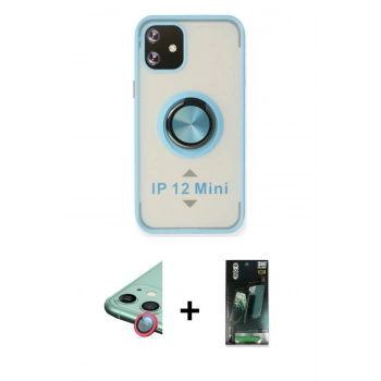 MARSİLYAN™- iPhone 12 Mini Kılıf Yörünge Çizgi - Siyah 360 Mat Full Body Arka Koruyucu + Raze Metal Kamera Lens - KI