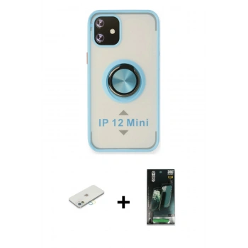 MARSİLYAN™- iPhone 12 Mini Kılıf Yörünge Çizgi - Siyah 360 Mat Full Body Arka Koruyucu + Renkli Kamera Lens Koruma Cam - SI