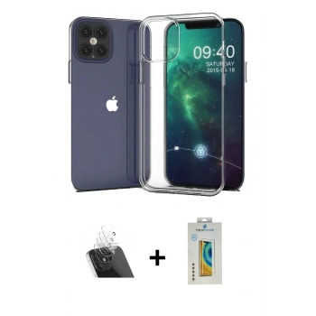 MARSİLYAN™- iPhone 12 Mini Kılıf Zirve Doku - Siyah Polymer Nano Ekran Koruyucu + Kamera Lens Koruma Cam - SF