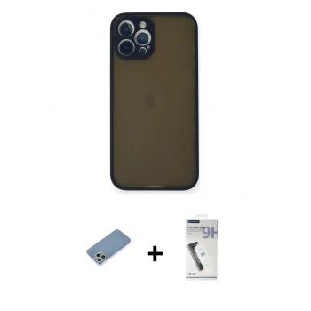 MARSİLYAN™- iPhone 12 Pro Kılıf Ahenk Çizgi Serisi - Şeffaf Uv Polymer Nano Ekran Koruyucu + Shine Kamera Lens Koruma Cam - GS