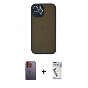 MARSİLYAN™- iPhone 12 Pro Kılıf Ahenk Çizgi Serisi - Şeffaf Uv Polymer Nano Ekran Koruyucu + Neon Fosforlu Kamera Lens - TU