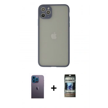 MARSİLYAN™- iPhone 12 Pro Kılıf Ahenk Çizgi Serisi - Siyah 34D Hayalet Izgaralı Cam + Neon Fosforlu Kamera Lens - MI