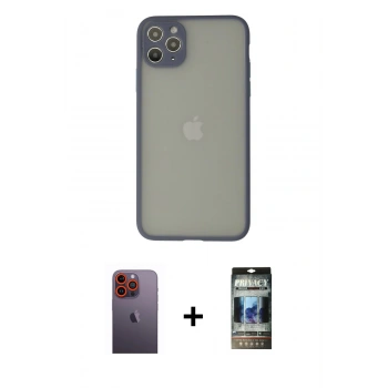 MARSİLYAN™- iPhone 12 Pro Kılıf Ahenk Çizgi Serisi - Siyah 34D Hayalet Izgaralı Cam + Neon Fosforlu Kamera Lens - TU