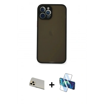 MARSİLYAN™- iPhone 12 Pro Kılıf Ahenk Çizgi Serisi - Siyah 3D Antistatik Cam Ekran Koruyucu + Rainbow Kamera Lens Koruma Cam - GD