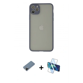 MARSİLYAN™- iPhone 12 Pro Kılıf Ahenk Çizgi Serisi - Siyah 3D Antistatik Cam Ekran Koruyucu + Shine Kamera Lens Koruma Cam - SH