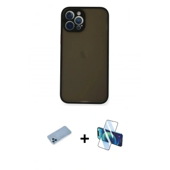 MARSİLYAN™- iPhone 12 Pro Kılıf Ahenk Çizgi Serisi - Siyah 3D Antistatik Cam Ekran Koruyucu + Shine Kamera Lens Koruma Cam - MI