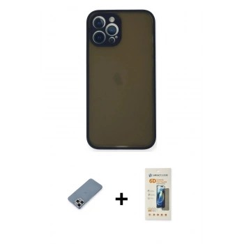 MARSİLYAN™- iPhone 12 Pro Kılıf Ahenk Çizgi Serisi - Siyah 6D Mat Seramik Hayalet Nano Ekran Koruyucu + Metal Kamera Lens Koruma Cam - GS