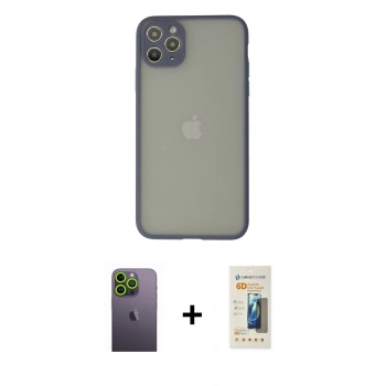MARSİLYAN™- iPhone 12 Pro Kılıf Ahenk Çizgi Serisi - Siyah 6D Mat Seramik Hayalet Nano Ekran Koruyucu + Neon Fosforlu Kamera Lens - YL