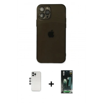 MARSİLYAN™- iPhone 12 Pro Kılıf Ahenk Doku - Şeffaf 360 Full Body Arka Koruyucu + Shine Kamera Lens - GS