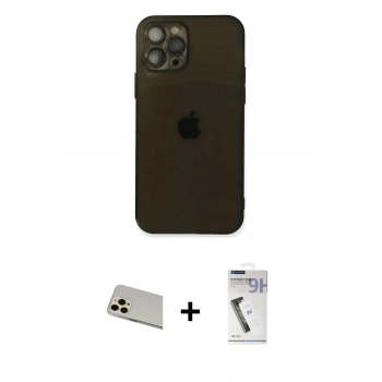 MARSİLYAN™- iPhone 12 Pro Kılıf Ahenk Doku - Şeffaf Uv Polymer Nano Ekran Koruyucu + Rainbow Kamera Lens Koruma Cam - GD