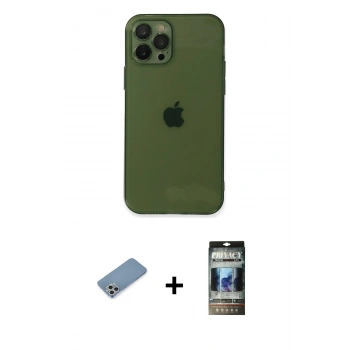 MARSİLYAN™- iPhone 12 Pro Kılıf Ahenk Doku - Siyah 34D Hayalet Izgaralı Cam + Shine Kamera Lens Koruma Cam - GS