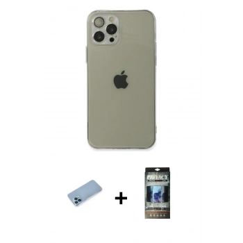 MARSİLYAN™- iPhone 12 Pro Kılıf Ahenk Doku - Siyah 34D Hayalet Izgaralı Cam + Shine Kamera Lens Koruma Cam - MI