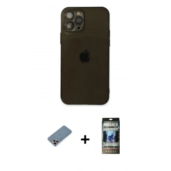MARSİLYAN™- iPhone 12 Pro Kılıf Ahenk Doku - Siyah 34D Hayalet Izgaralı Cam + Metal Kamera Lens Koruma Cam - MR