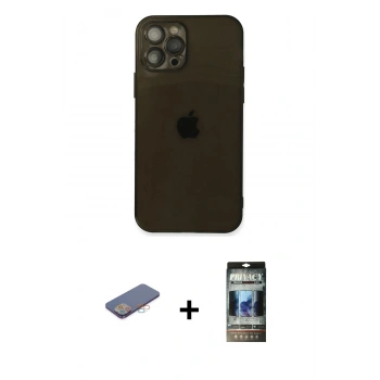 MARSİLYAN™- iPhone 12 Pro Kılıf Ahenk Doku - Siyah 34D Hayalet Izgaralı Cam + Renkli Kamera Lens Koruma Cam - PE
