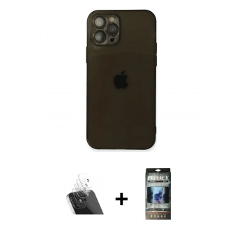 MARSİLYAN™- iPhone 12 Pro Kılıf Ahenk Doku - Siyah 34D Hayalet Izgaralı Cam + Kamera Lens Koruma Cam - SF