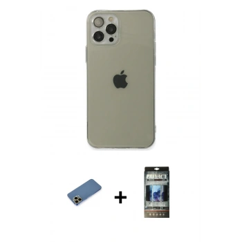MARSİLYAN™- iPhone 12 Pro Kılıf Ahenk Doku - Siyah 34D Hayalet Izgaralı Cam + Shine Kamera Lens Koruma Cam - GD
