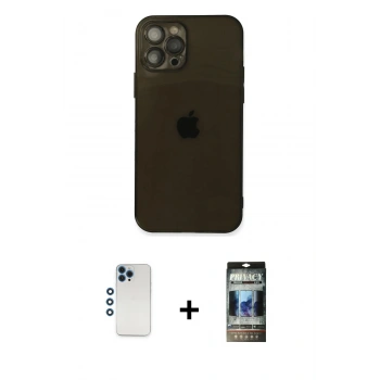 MARSİLYAN™- iPhone 12 Pro Kılıf Ahenk Doku - Siyah 34D Hayalet Izgaralı Cam + Shine Kamera Lens - MI
