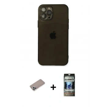 MARSİLYAN™- iPhone 12 Pro Kılıf Ahenk Doku - Siyah 34D Hayalet Izgaralı Cam + Shine Kamera Lens Koruma Cam - SABE