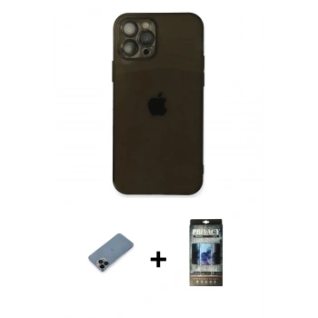 MARSİLYAN™- iPhone 12 Pro Kılıf Ahenk Doku - Siyah 34D Hayalet Izgaralı Cam + Shine Kamera Lens Koruma Cam - SH