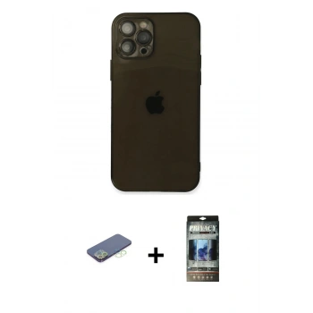 MARSİLYAN™- iPhone 12 Pro Kılıf Ahenk Doku - Siyah 34D Hayalet Izgaralı Cam + Renkli Kamera Lens Koruma Cam - YL
