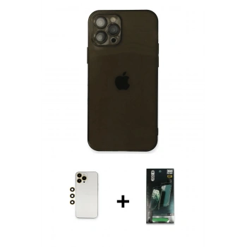 MARSİLYAN™- iPhone 12 Pro Kılıf Ahenk Doku - Siyah 360 Mat Full Body Arka Koruyucu + Shine Kamera Lens - GD
