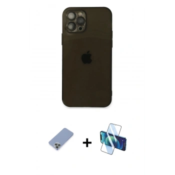MARSİLYAN™- iPhone 12 Pro Kılıf Ahenk Doku - Siyah 3D Antistatik Cam Ekran Koruyucu + Metal Kamera Lens Koruma Cam - KUYL