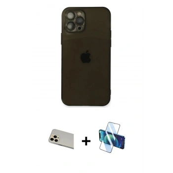 MARSİLYAN™- iPhone 12 Pro Kılıf Ahenk Doku - Siyah 3D Antistatik Cam Ekran Koruyucu + Rainbow Kamera Lens Koruma Cam - GD