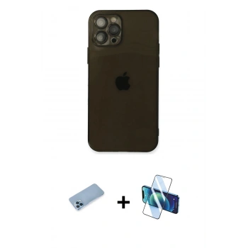 MARSİLYAN™- iPhone 12 Pro Kılıf Ahenk Doku - Siyah 3D Antistatik Cam Ekran Koruyucu + Shine Kamera Lens Koruma Cam - MI