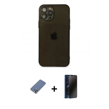 MARSİLYAN™- iPhone 12 Pro Kılıf Ahenk Doku - Siyah 3D Antistatik Hayalet Cam Ekran Koruyucu + Metal Kamera Lens Koruma Cam - AKYL