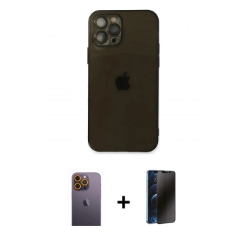 MARSİLYAN™- iPhone 12 Pro Kılıf Ahenk Doku - Siyah 3D Antistatik Hayalet Cam Ekran Koruyucu + Neon Fosforlu Kamera Lens - SI
