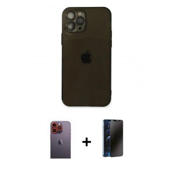 MARSİLYAN™- iPhone 12 Pro Kılıf Ahenk Doku - Siyah 3D Antistatik Hayalet Cam Ekran Koruyucu + Neon Fosforlu Kamera Lens - TU