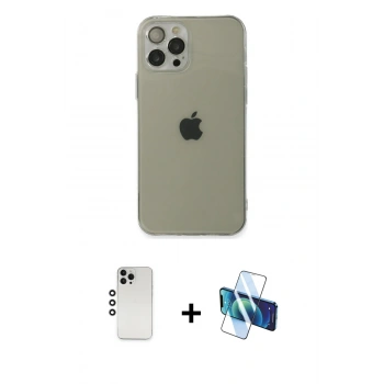 MARSİLYAN™- iPhone 12 Pro Kılıf Ahenk Doku - Siyah 3D Antistatik Seramik Nano Ekran Koruyucu + Shine Kamera Lens - GS