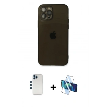 MARSİLYAN™- iPhone 12 Pro Kılıf Ahenk Doku - Siyah 3D Antistatik Seramik Nano Ekran Koruyucu + Shine Kamera Lens - MI