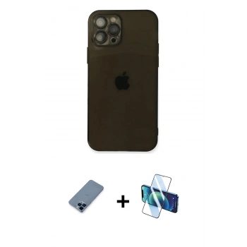 MARSİLYAN™- iPhone 12 Pro Kılıf Ahenk Doku - Siyah 3D Antistatik Seramik Nano Ekran Koruyucu + Metal Kamera Lens Koruma Cam - MI