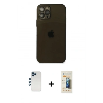MARSİLYAN™- iPhone 12 Pro Kılıf Ahenk Doku - Siyah 6D Mat Seramik Hayalet Nano Ekran Koruyucu + Shine Kamera Lens - MI