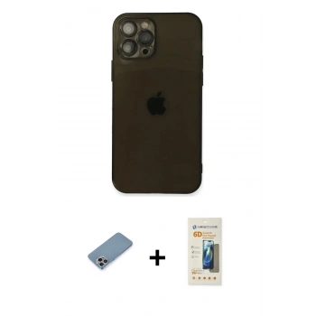 MARSİLYAN™- iPhone 12 Pro Kılıf Ahenk Doku - Siyah 6D Mat Seramik Hayalet Nano Ekran Koruyucu + Shine Kamera Lens Koruma Cam - GI