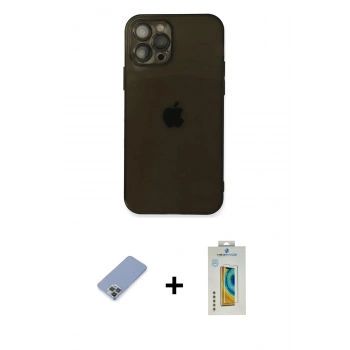 MARSİLYAN™- iPhone 12 Pro Kılıf Ahenk Doku - Siyah Polymer Nano Ekran Koruyucu + Metal Kamera Lens Koruma Cam - KUYL
