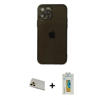 MARSİLYAN™- iPhone 12 Pro Kılıf Ahenk Doku - Siyah Polymer Nano Ekran Koruyucu + Rainbow Kamera Lens Koruma Cam - GD