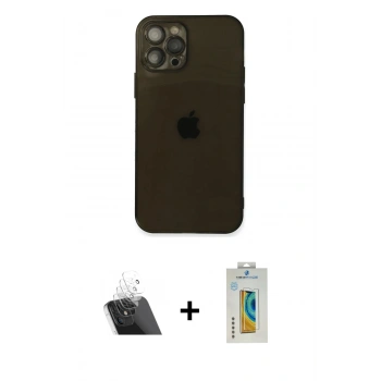MARSİLYAN™- iPhone 12 Pro Kılıf Ahenk Doku - Siyah Polymer Nano Ekran Koruyucu + Kamera Lens Koruma Cam - SF