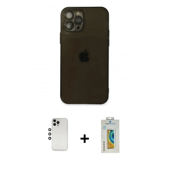 MARSİLYAN™- iPhone 12 Pro Kılıf Ahenk Doku - Siyah Polymer Nano Ekran Koruyucu + Shine Kamera Lens - GS