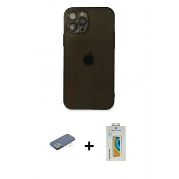 MARSİLYAN™- iPhone 12 Pro Kılıf Ahenk Doku - Siyah Polymer Nano Ekran Koruyucu + Renkli Kamera Lens Koruma Cam - YL