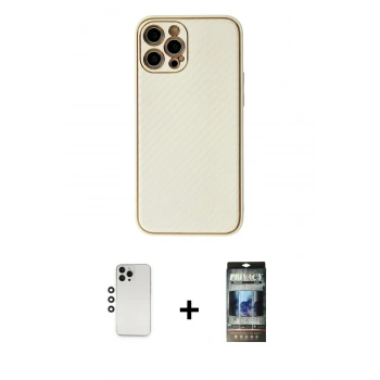 MARSİLYAN™- iPhone 12 Pro Kılıf Ahenk Işık - Siyah 34D Hayalet Izgaralı Cam + Shine Kamera Lens - GS