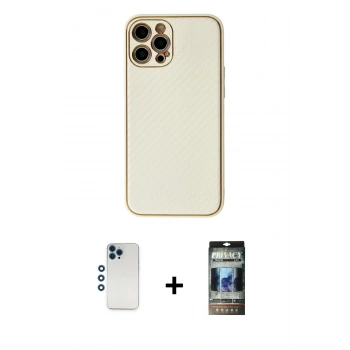 MARSİLYAN™- iPhone 12 Pro Kılıf Ahenk Işık - Siyah 34D Hayalet Izgaralı Cam + Shine Kamera Lens - MI