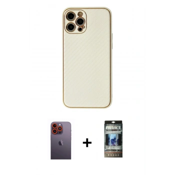MARSİLYAN™- iPhone 12 Pro Kılıf Ahenk Işık - Siyah 34D Hayalet Izgaralı Cam + Neon Fosforlu Kamera Lens - TU