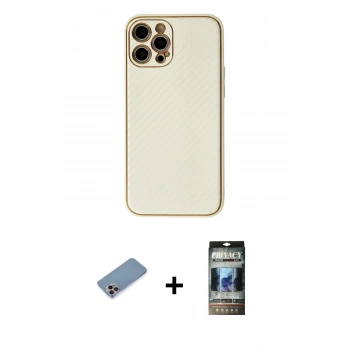 MARSİLYAN™- iPhone 12 Pro Kılıf Ahenk Işık - Siyah 34D Hayalet Izgaralı Cam + Shine Kamera Lens Koruma Cam - PE