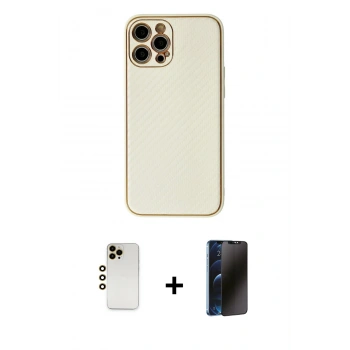 MARSİLYAN™- iPhone 12 Pro Kılıf Ahenk Işık - Siyah 3D Antistatik Hayalet Cam Ekran Koruyucu + Shine Kamera Lens - GD